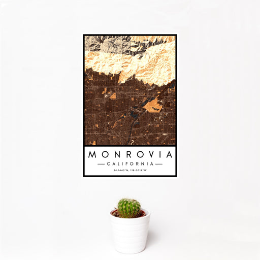 12x18 Monrovia California Map Print Portrait Orientation in Ember Style With Small Cactus Plant in White Planter