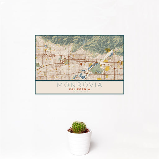 12x18 Monrovia California Map Print Landscape Orientation in Woodblock Style With Small Cactus Plant in White Planter