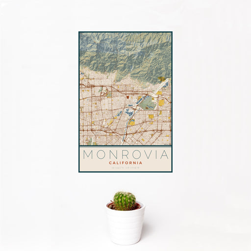 12x18 Monrovia California Map Print Portrait Orientation in Woodblock Style With Small Cactus Plant in White Planter