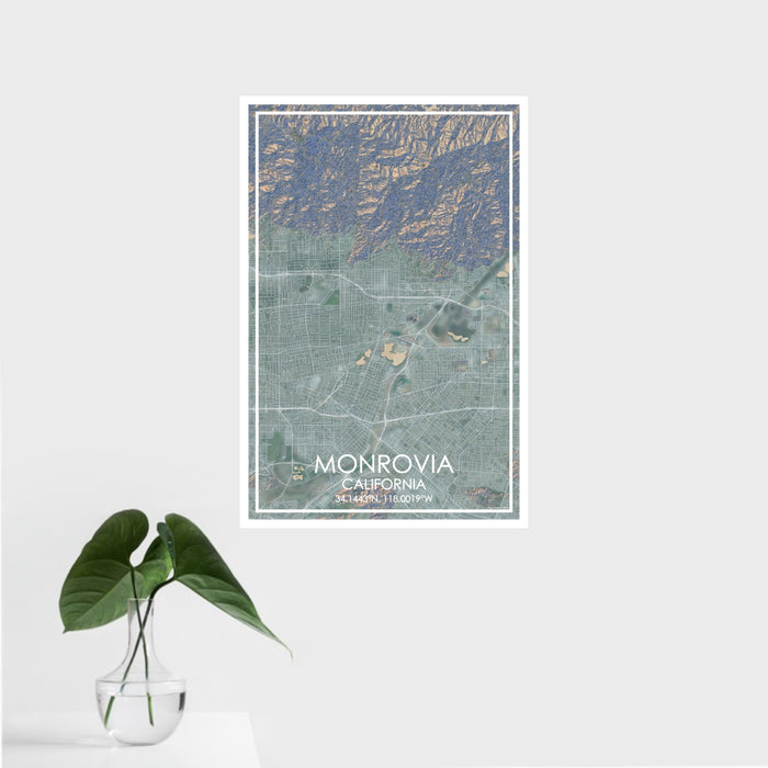16x24 Monrovia California Map Print Portrait Orientation in Afternoon Style With Tropical Plant Leaves in Water