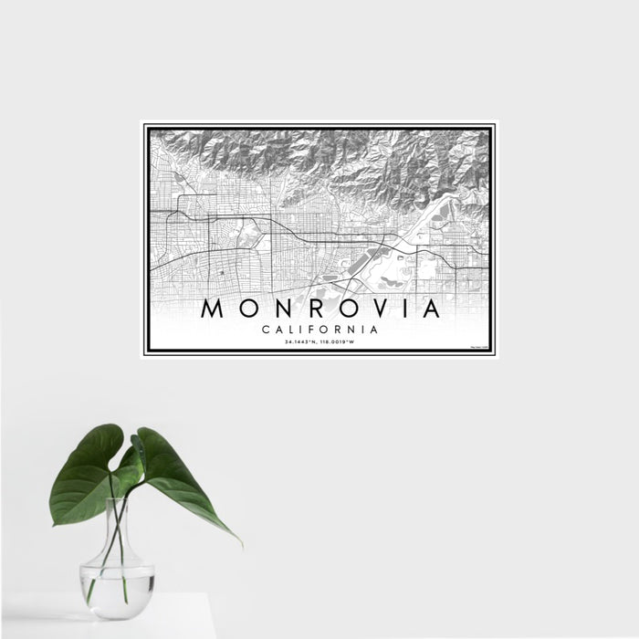 16x24 Monrovia California Map Print Landscape Orientation in Classic Style With Tropical Plant Leaves in Water