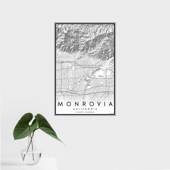 16x24 Monrovia California Map Print Portrait Orientation in Classic Style With Tropical Plant Leaves in Water
