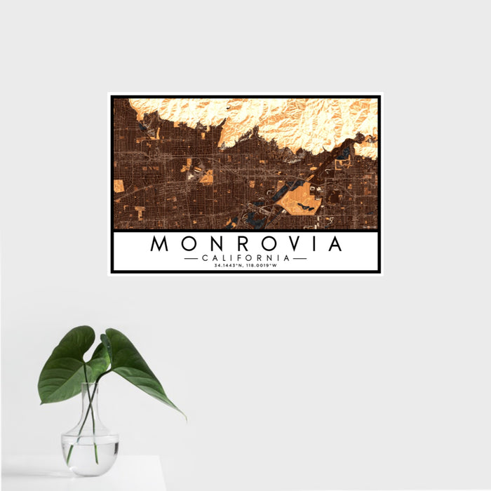 16x24 Monrovia California Map Print Landscape Orientation in Ember Style With Tropical Plant Leaves in Water
