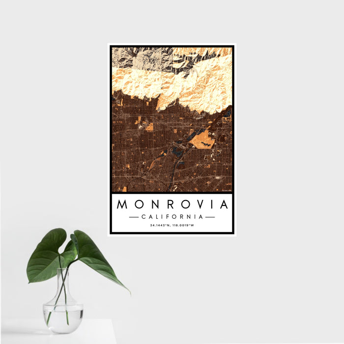 16x24 Monrovia California Map Print Portrait Orientation in Ember Style With Tropical Plant Leaves in Water