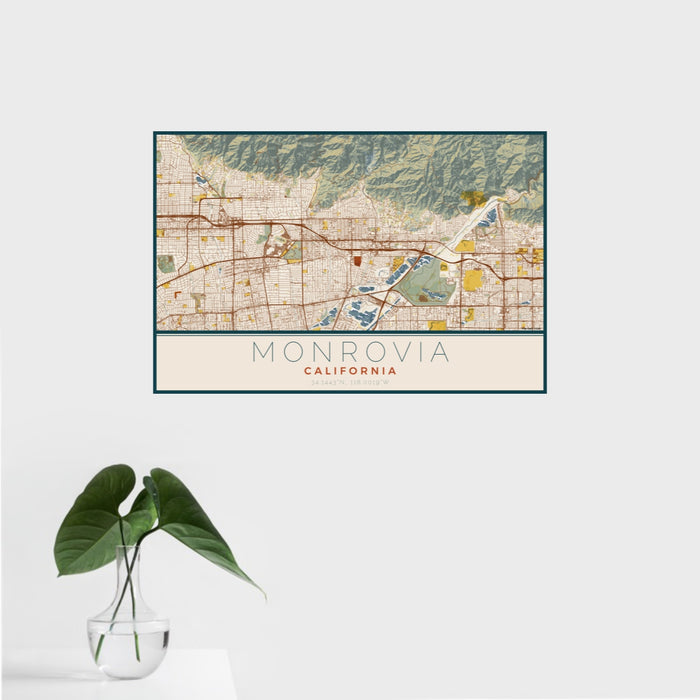 16x24 Monrovia California Map Print Landscape Orientation in Woodblock Style With Tropical Plant Leaves in Water