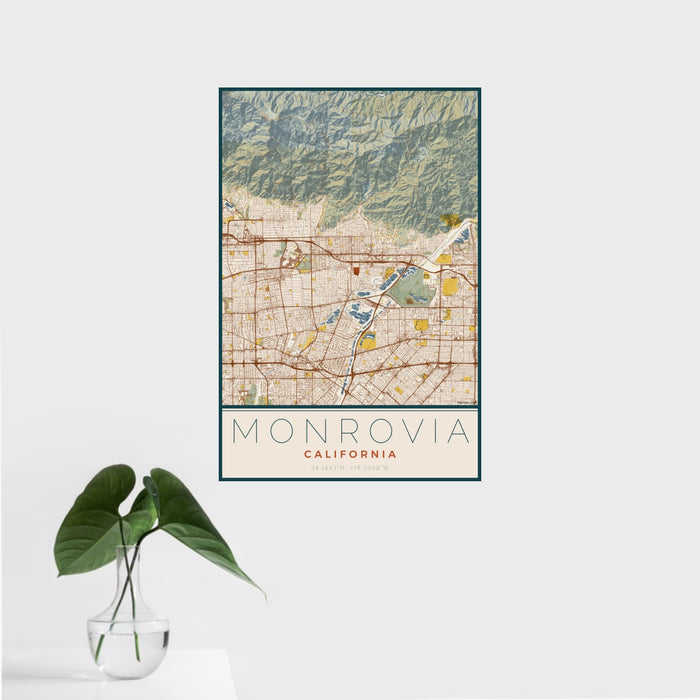 16x24 Monrovia California Map Print Portrait Orientation in Woodblock Style With Tropical Plant Leaves in Water