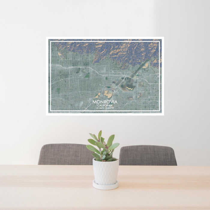 24x36 Monrovia California Map Print Lanscape Orientation in Afternoon Style Behind 2 Chairs Table and Potted Plant