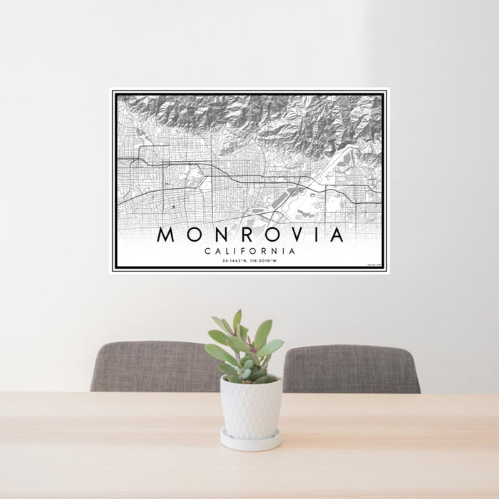 24x36 Monrovia California Map Print Lanscape Orientation in Classic Style Behind 2 Chairs Table and Potted Plant