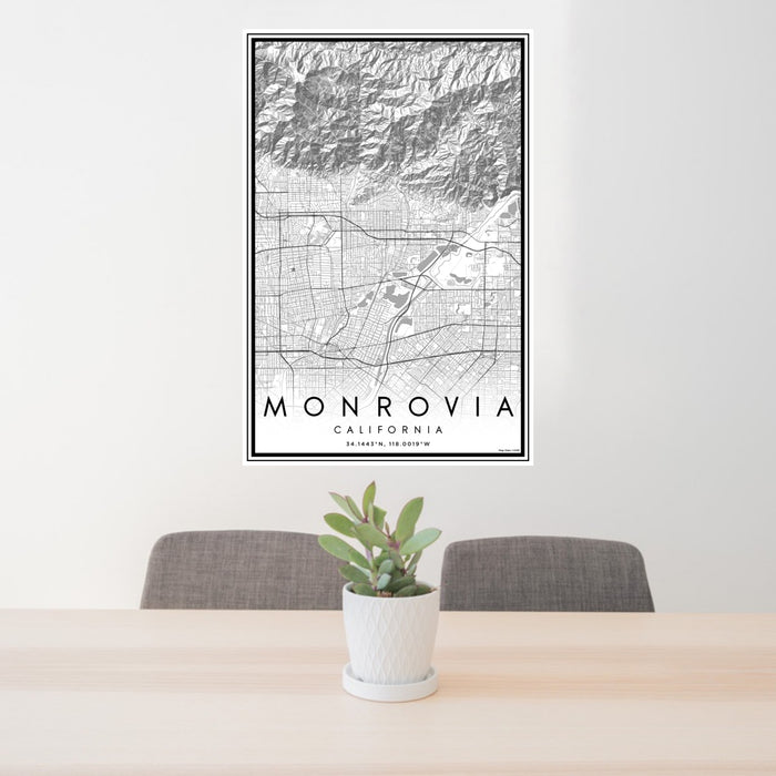 24x36 Monrovia California Map Print Portrait Orientation in Classic Style Behind 2 Chairs Table and Potted Plant