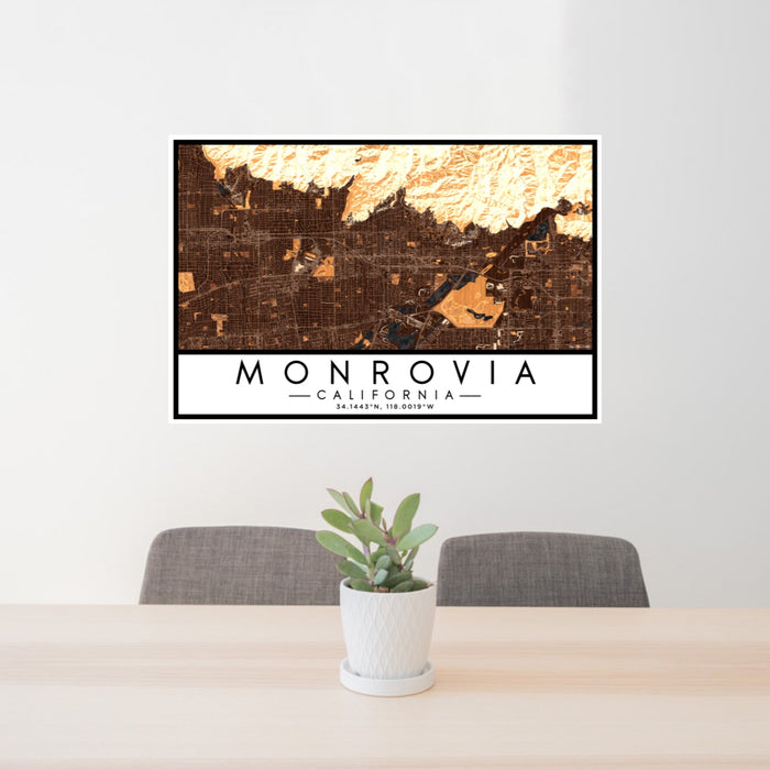 24x36 Monrovia California Map Print Lanscape Orientation in Ember Style Behind 2 Chairs Table and Potted Plant