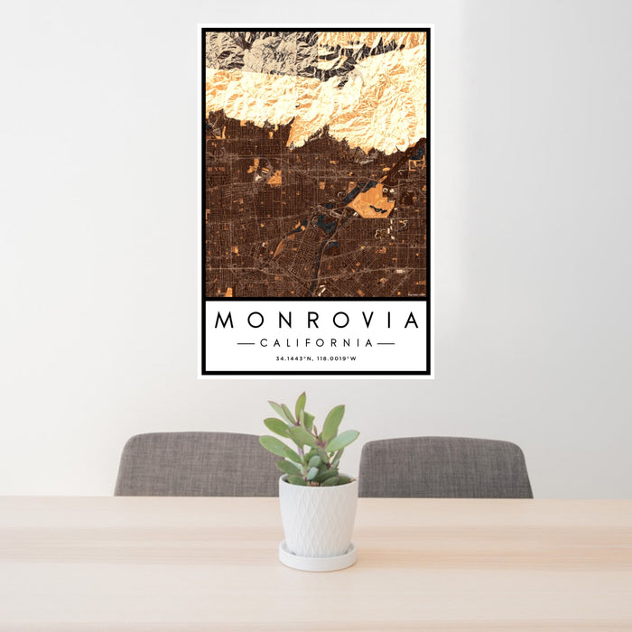 24x36 Monrovia California Map Print Portrait Orientation in Ember Style Behind 2 Chairs Table and Potted Plant
