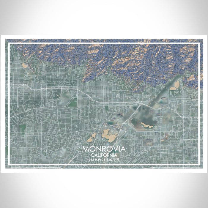 Monrovia California Map Print Landscape Orientation in Afternoon Style With Shaded Background