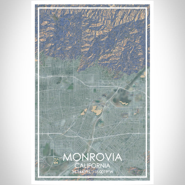 Monrovia California Map Print Portrait Orientation in Afternoon Style With Shaded Background