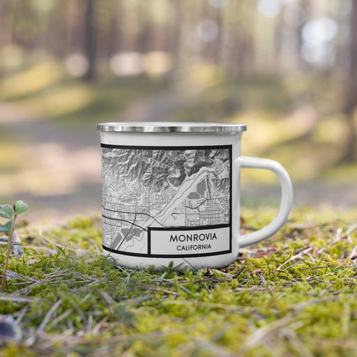Right View Custom Monrovia California Map Enamel Mug in Classic on Grass With Trees in Background
