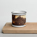 Front View Custom Monrovia California Map Enamel Mug in Ember on Cutting Board