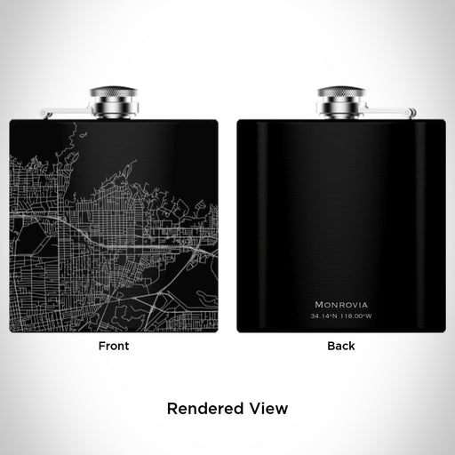 Rendered View of Monrovia California Map Engraving on 6oz Stainless Steel Flask in Black