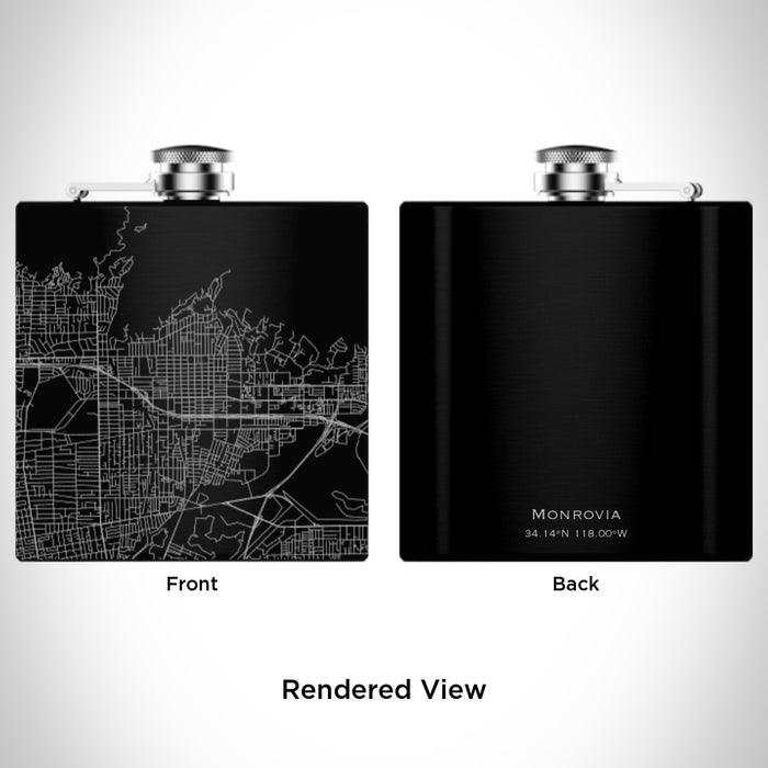 Rendered View of Monrovia California Map Engraving on 6oz Stainless Steel Flask in Black