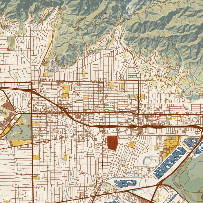 Monrovia California Map Print in Woodblock Style Zoomed In Close Up Showing Details