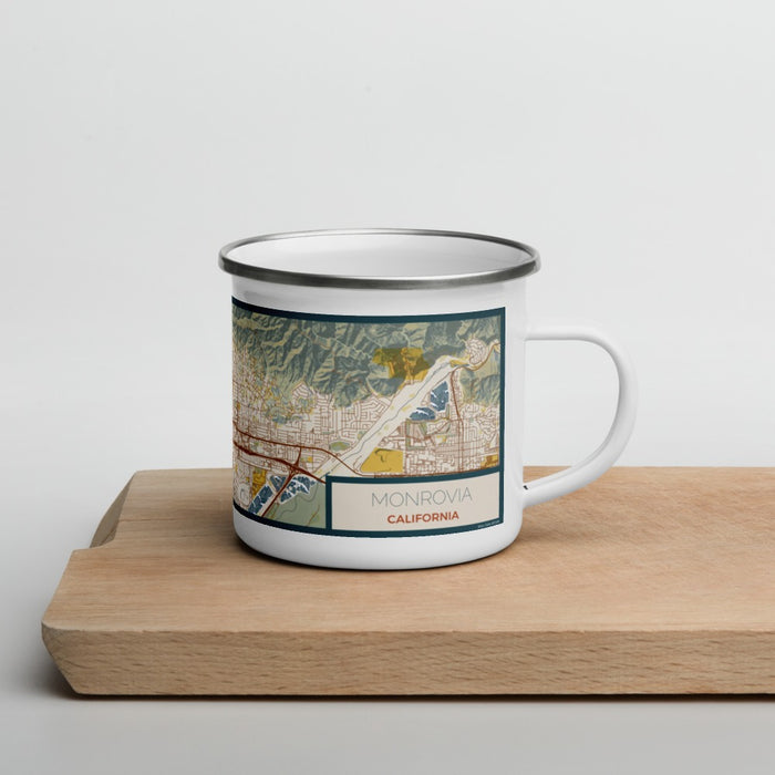 Right View Custom Monrovia California Map Enamel Mug in Woodblock