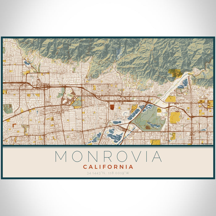 Monrovia California Map Print Landscape Orientation in Woodblock Style With Shaded Background