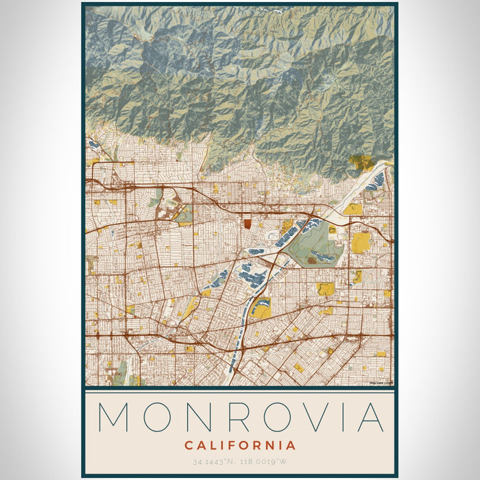 Monrovia California Map Print Portrait Orientation in Woodblock Style With Shaded Background