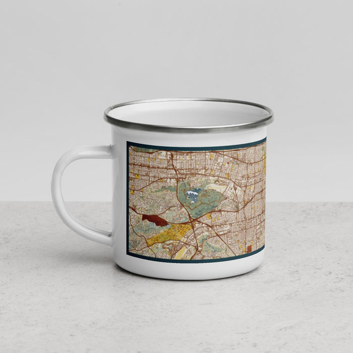 Left View Custom Montclair California Map Enamel Mug in Woodblock