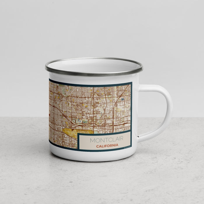 Right View Custom Montclair California Map Enamel Mug in Woodblock