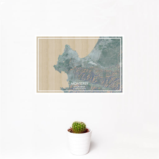 12x18 Monterey California Map Print Landscape Orientation in Afternoon Style With Small Cactus Plant in White Planter
