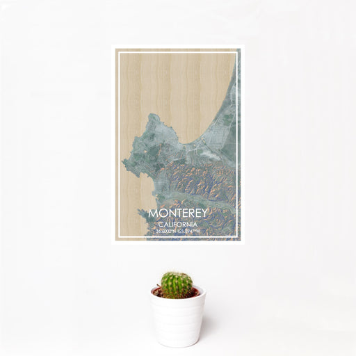 12x18 Monterey California Map Print Portrait Orientation in Afternoon Style With Small Cactus Plant in White Planter