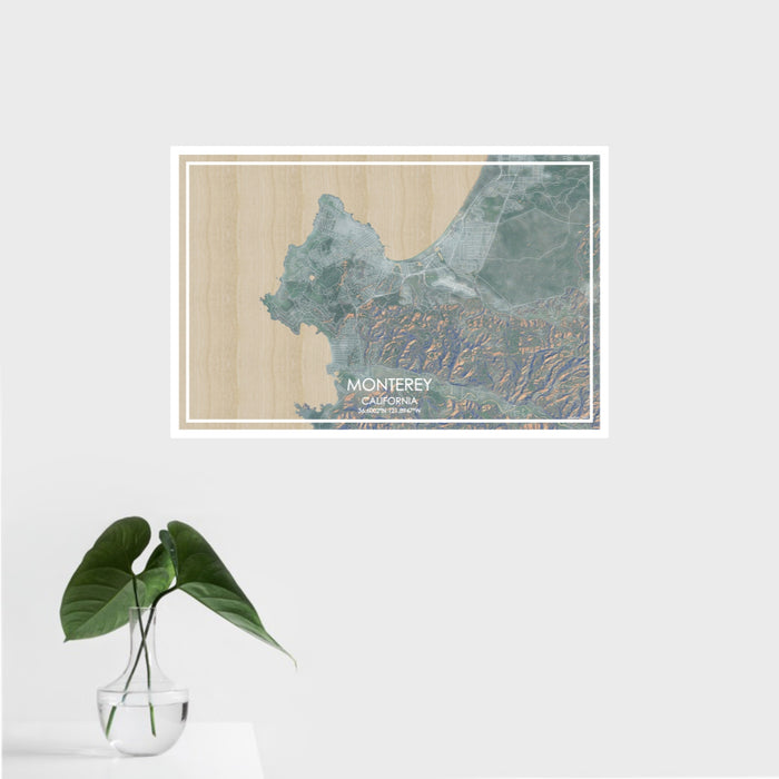 16x24 Monterey California Map Print Landscape Orientation in Afternoon Style With Tropical Plant Leaves in Water
