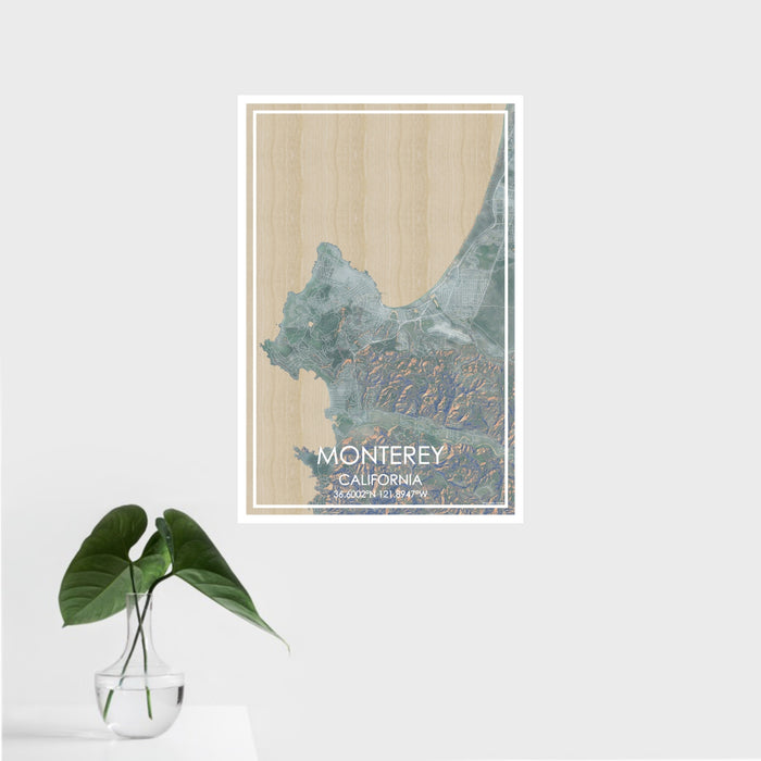 16x24 Monterey California Map Print Portrait Orientation in Afternoon Style With Tropical Plant Leaves in Water