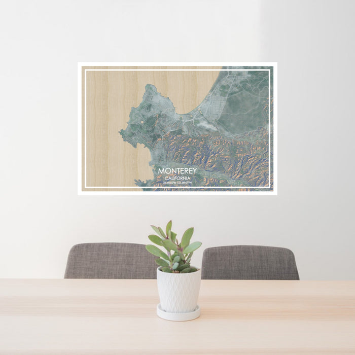 24x36 Monterey California Map Print Lanscape Orientation in Afternoon Style Behind 2 Chairs Table and Potted Plant