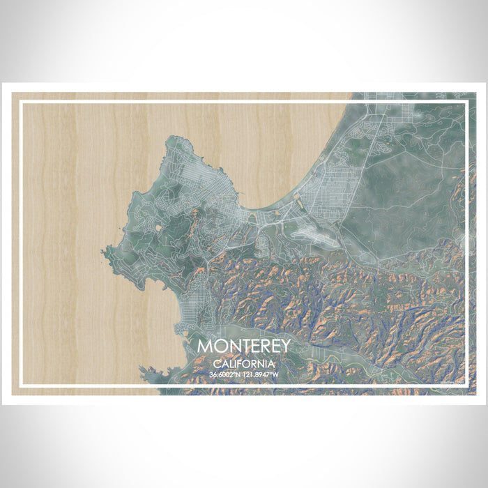 Monterey California Map Print Landscape Orientation in Afternoon Style With Shaded Background
