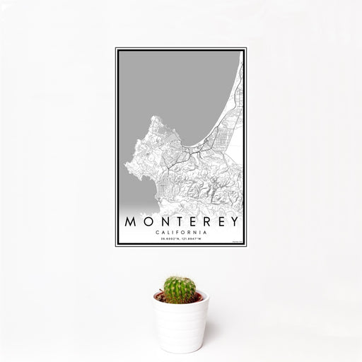 12x18 Monterey California Map Print Portrait Orientation in Classic Style With Small Cactus Plant in White Planter