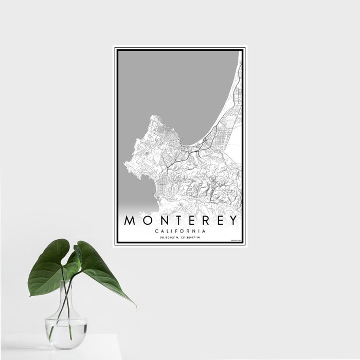 16x24 Monterey California Map Print Portrait Orientation in Classic Style With Tropical Plant Leaves in Water