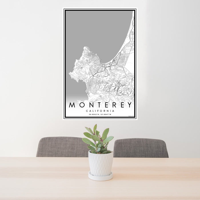 24x36 Monterey California Map Print Portrait Orientation in Classic Style Behind 2 Chairs Table and Potted Plant