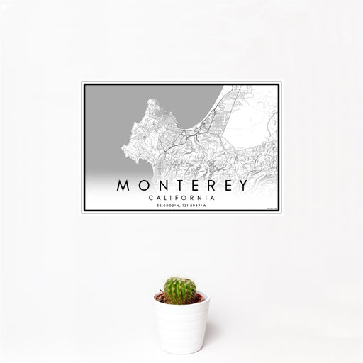 12x18 Monterey California Map Print Landscape Orientation in Classic Style With Small Cactus Plant in White Planter