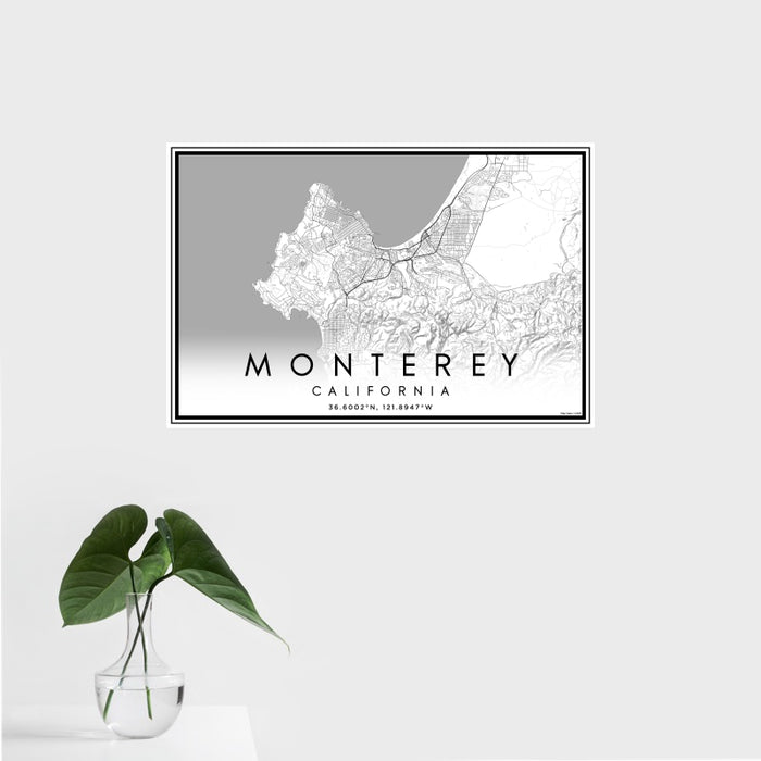 16x24 Monterey California Map Print Landscape Orientation in Classic Style With Tropical Plant Leaves in Water
