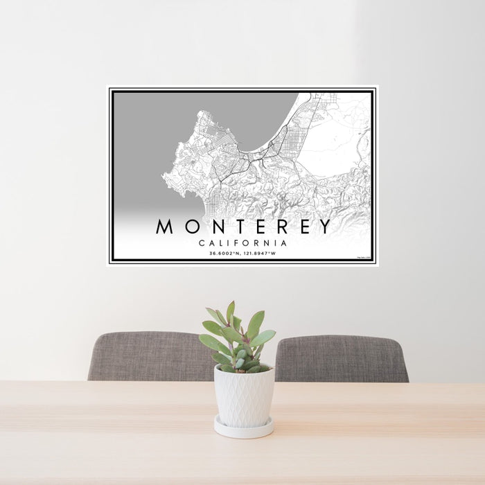 24x36 Monterey California Map Print Landscape Orientation in Classic Style Behind 2 Chairs Table and Potted Plant