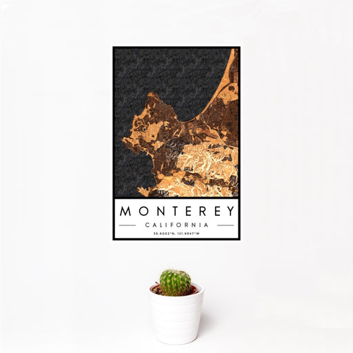12x18 Monterey California Map Print Portrait Orientation in Ember Style With Small Cactus Plant in White Planter