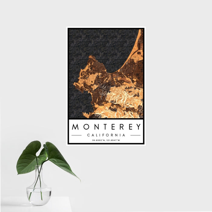 16x24 Monterey California Map Print Portrait Orientation in Ember Style With Tropical Plant Leaves in Water