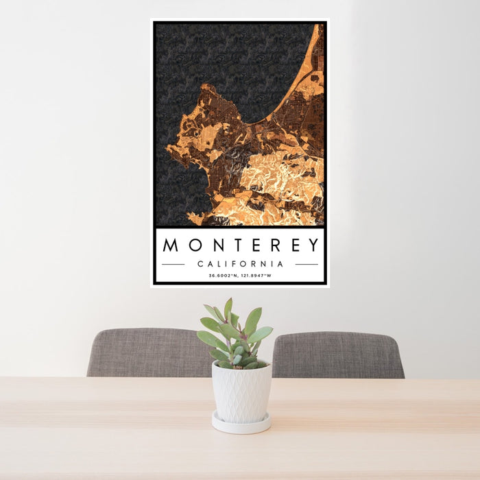 24x36 Monterey California Map Print Portrait Orientation in Ember Style Behind 2 Chairs Table and Potted Plant