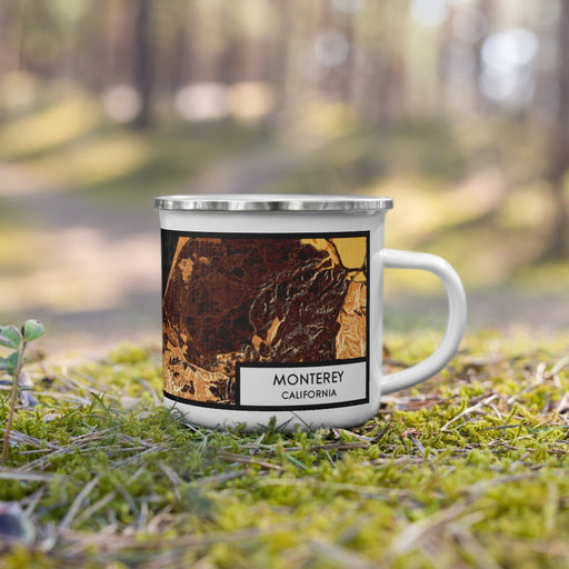 Right View Custom Monterey California Map Enamel Mug in Ember on Grass With Trees in Background
