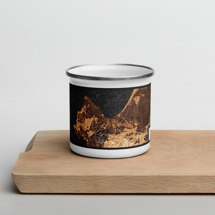 Front View Custom Monterey California Map Enamel Mug in Ember on Cutting Board