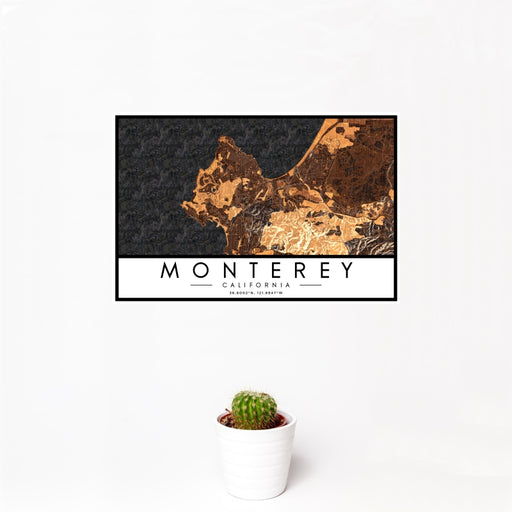 12x18 Monterey California Map Print Landscape Orientation in Ember Style With Small Cactus Plant in White Planter