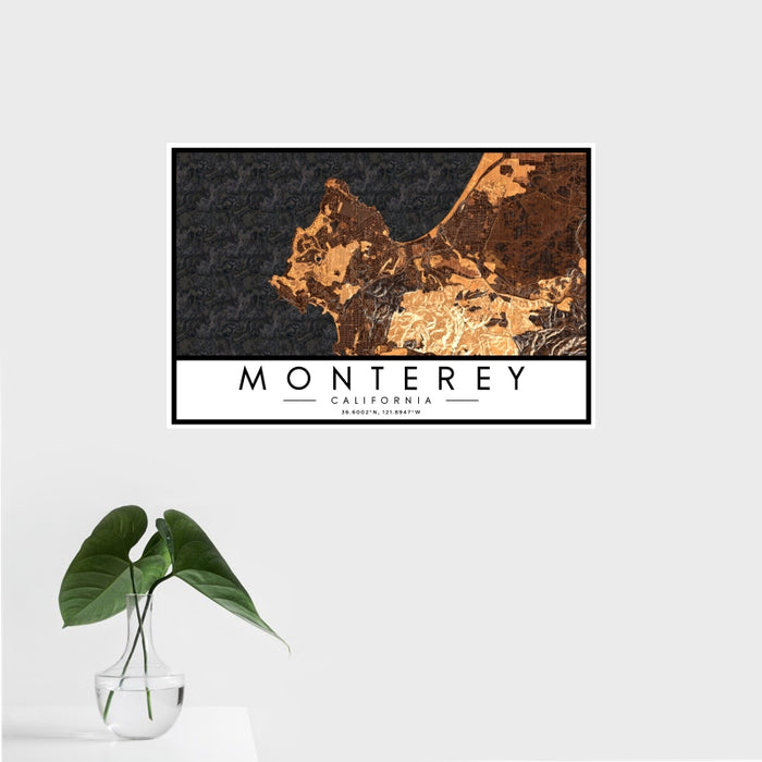 16x24 Monterey California Map Print Landscape Orientation in Ember Style With Tropical Plant Leaves in Water