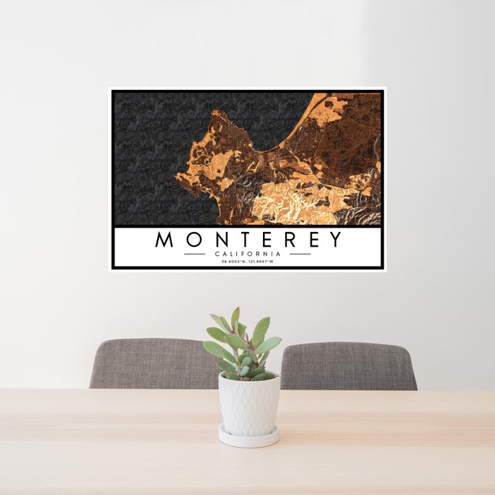 24x36 Monterey California Map Print Landscape Orientation in Ember Style Behind 2 Chairs Table and Potted Plant