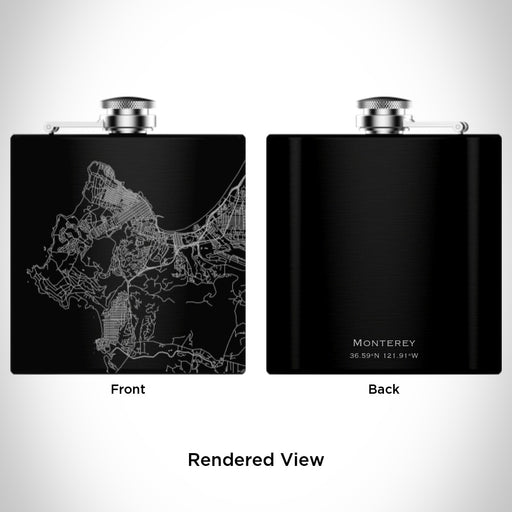 Rendered View of Monterey California Map Engraving on 6oz Stainless Steel Flask in Black