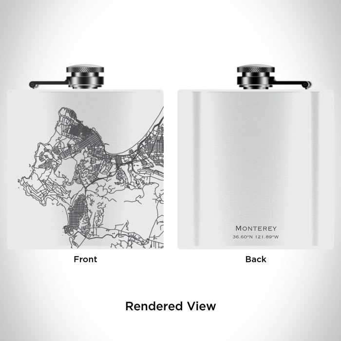 Rendered View of Monterey California Map Engraving on 6oz Stainless Steel Flask in White
