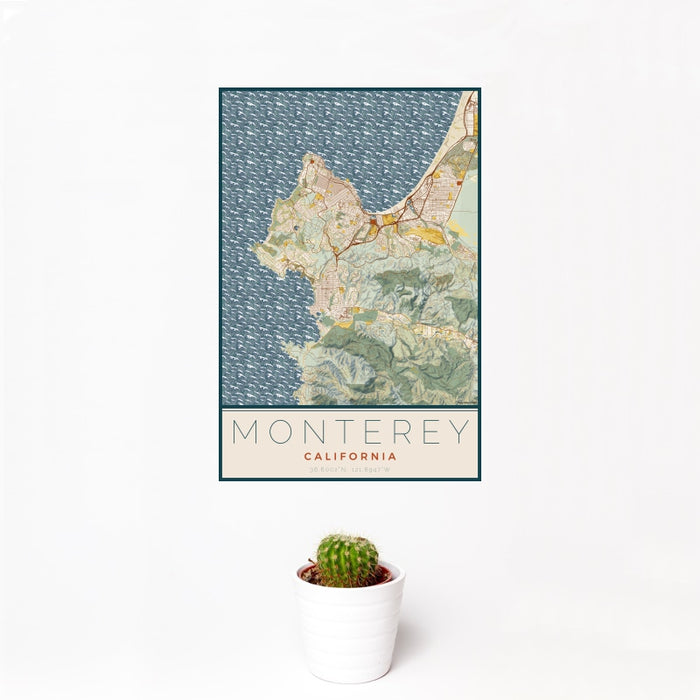 12x18 Monterey California Map Print Portrait Orientation in Woodblock Style With Small Cactus Plant in White Planter